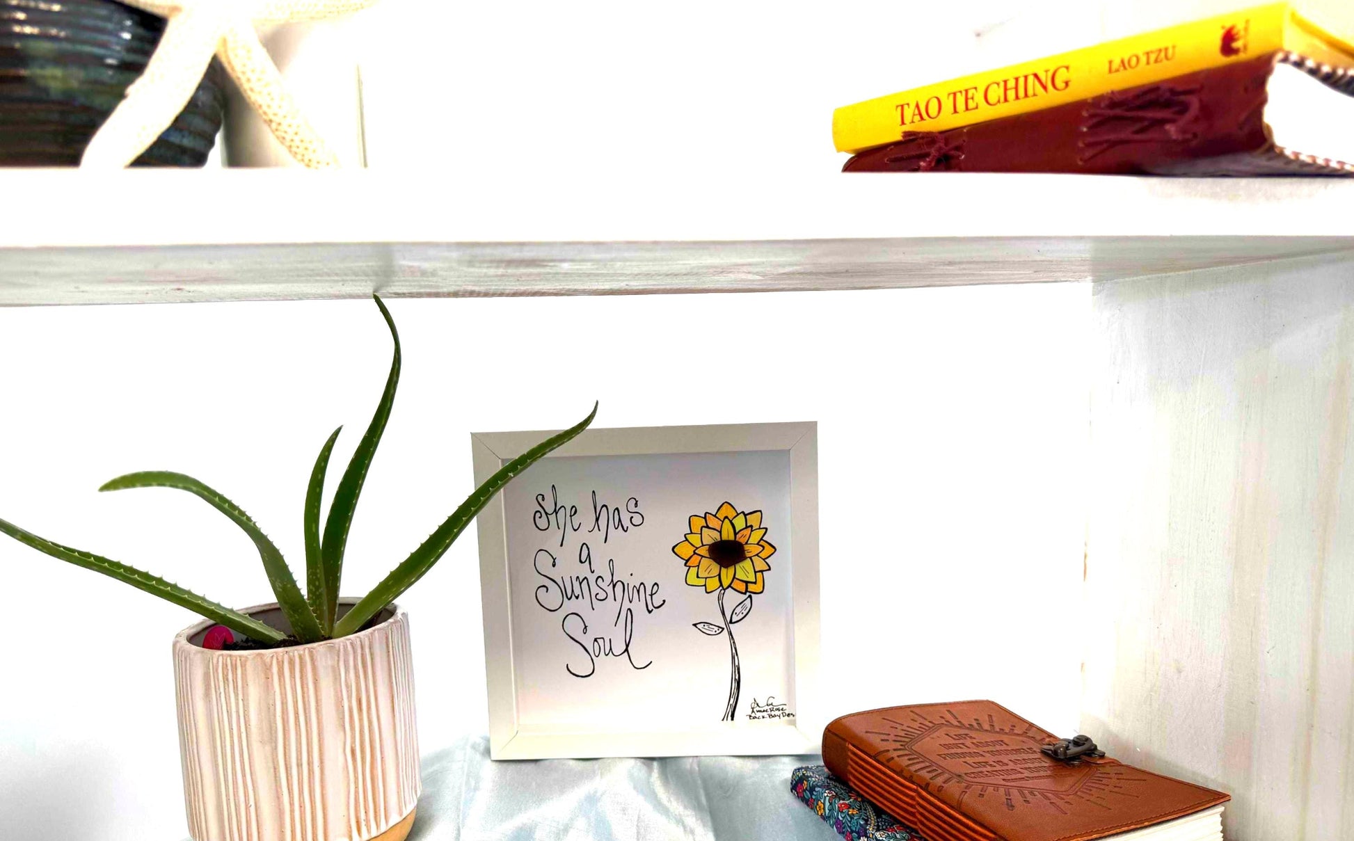 sunshine soul on shelf 8x8 framed sea glass art