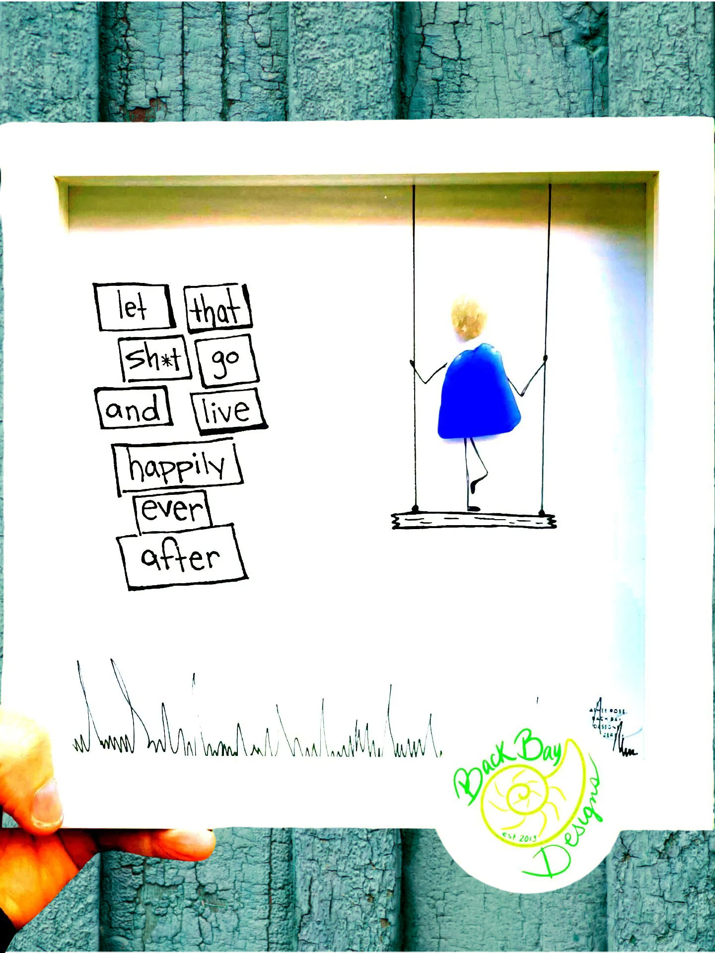 Swing Let Go Happily - Sassy Sea Glass Art, Sweary Encouragement Gift, 8x8 framed