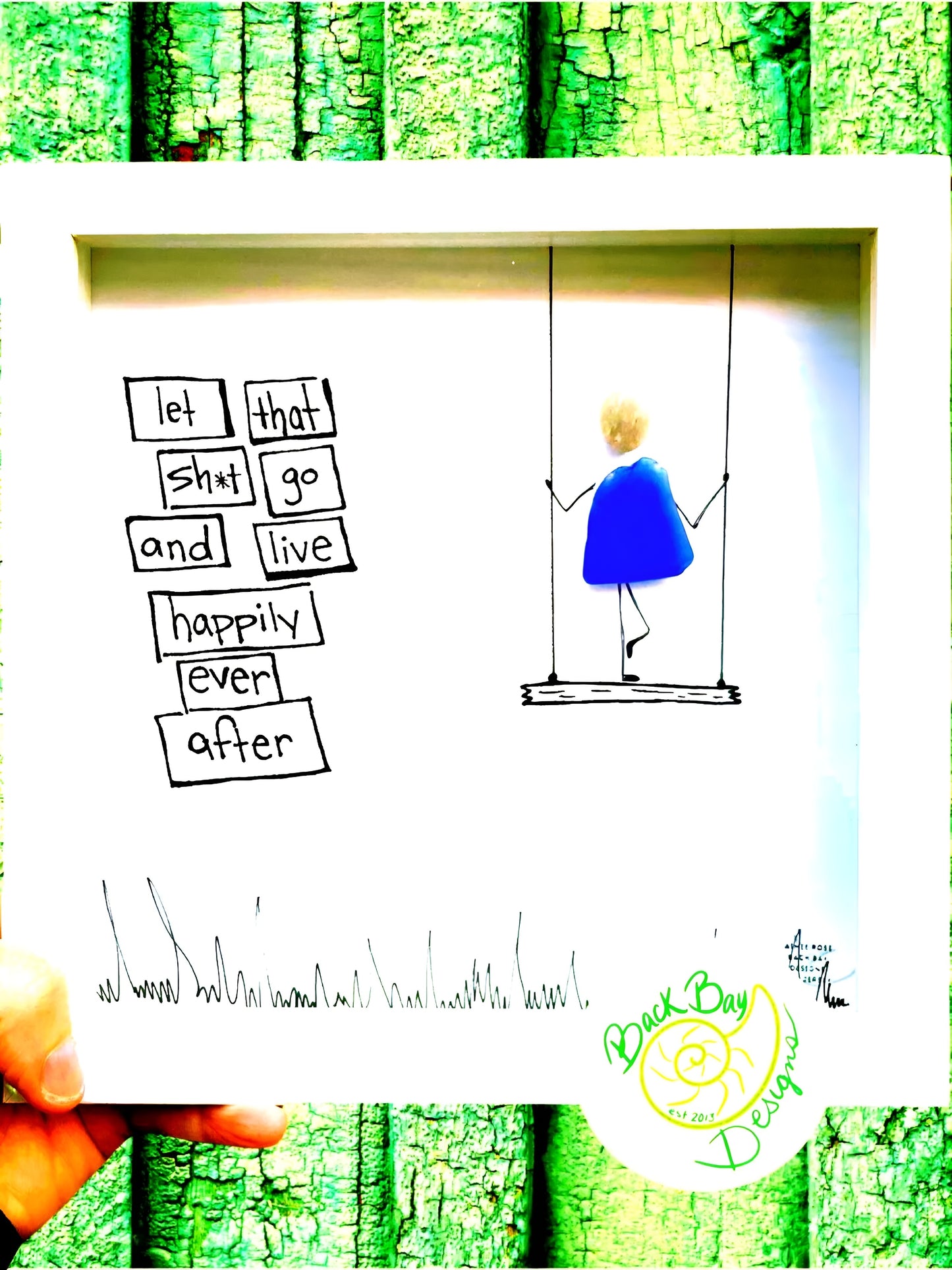 Swing Let Go Happily - Sassy Sea Glass Art, Sweary Encouragement Gift, 8x8 framed