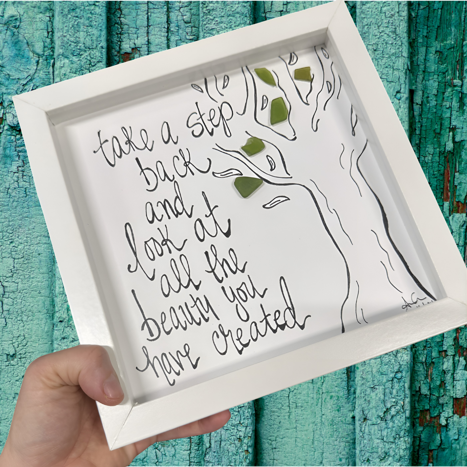 take a step back 8x8 sea glass art 