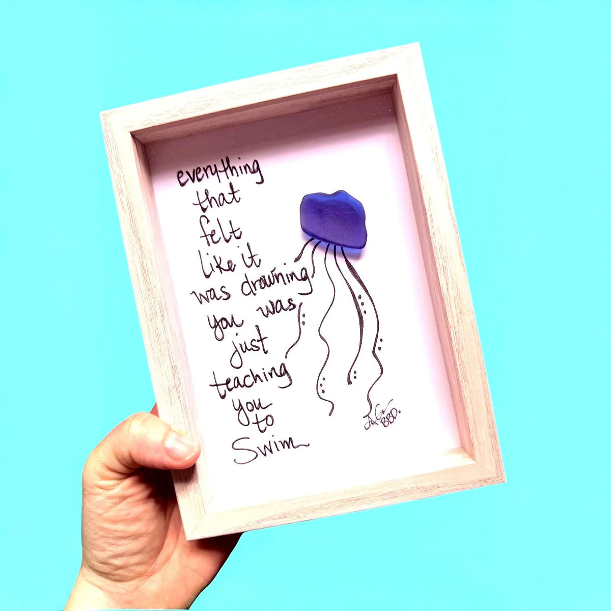 Jellyfish Teaching You To Swim  - SLIM Sea Glass Art,  5x7 Whitewash Frame