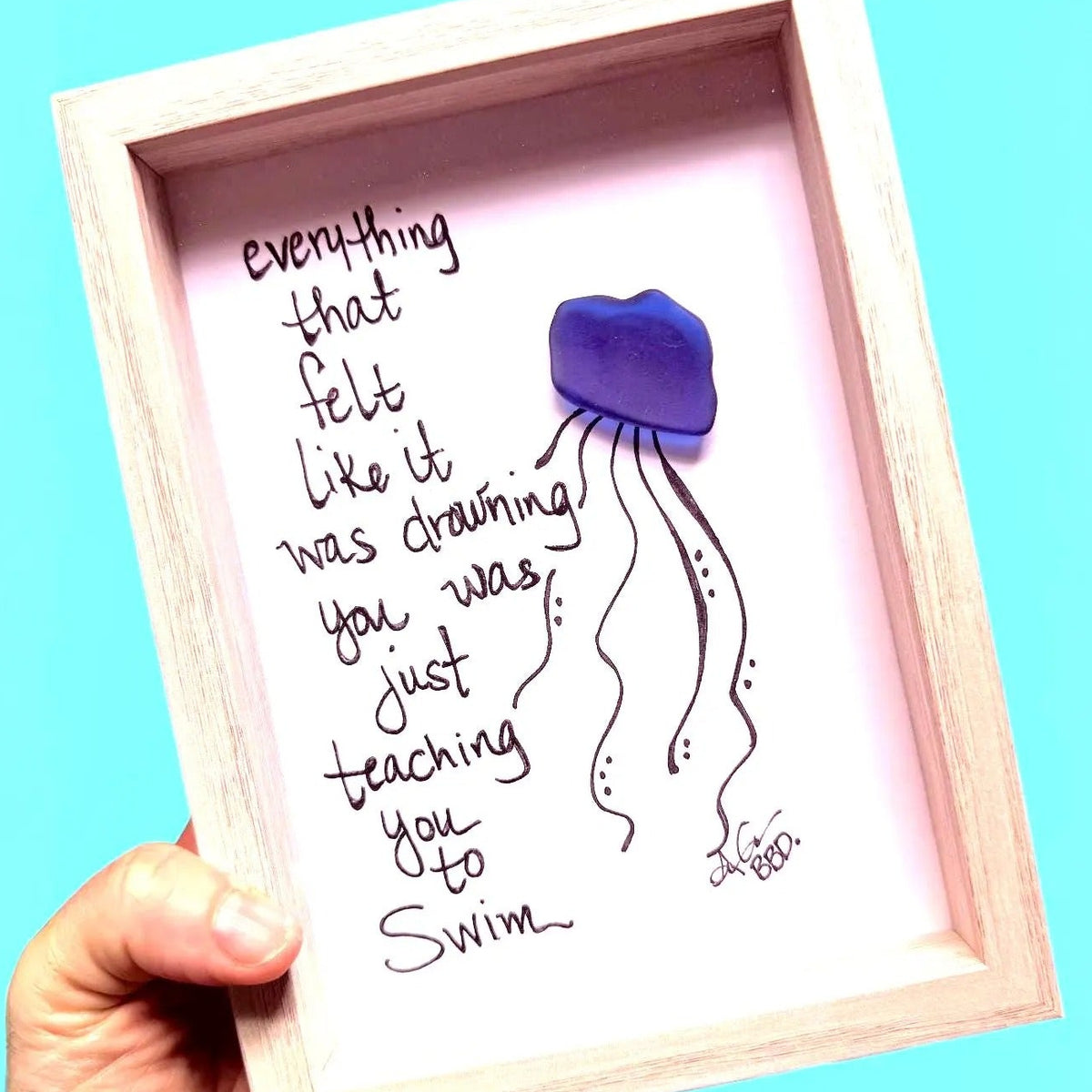 Jellyfish Teaching You To Swim  - SLIM Sea Glass Art,  5x7 Whitewash Frame