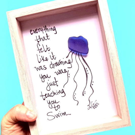Jellyfish Teaching You To Swim  - SLIM Sea Glass Art,  5x7 Whitewash Frame