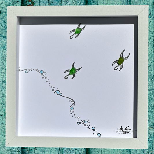 three sea turtles sea glass art 