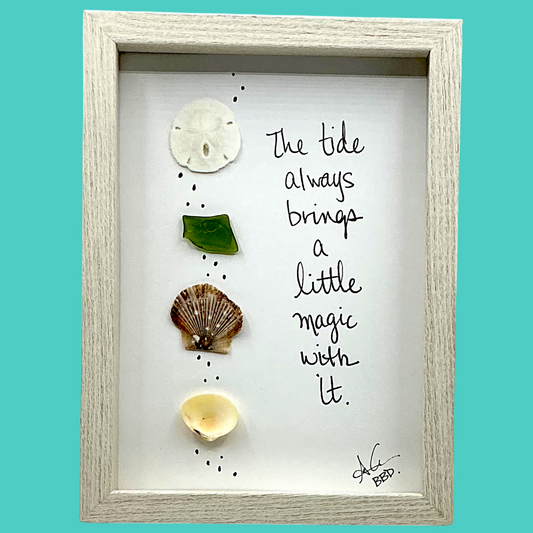 Tide Brings Magic  - SLIM Sea Glass Art,  5x7 Whitewash Frame