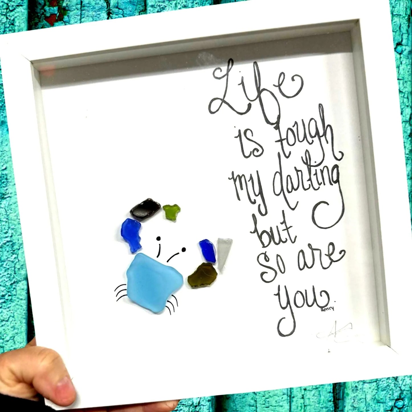 Tough Crab - Sea Glass Art, Encouragement Gift, Uplifting Sea Life Decor, 8x8 framed