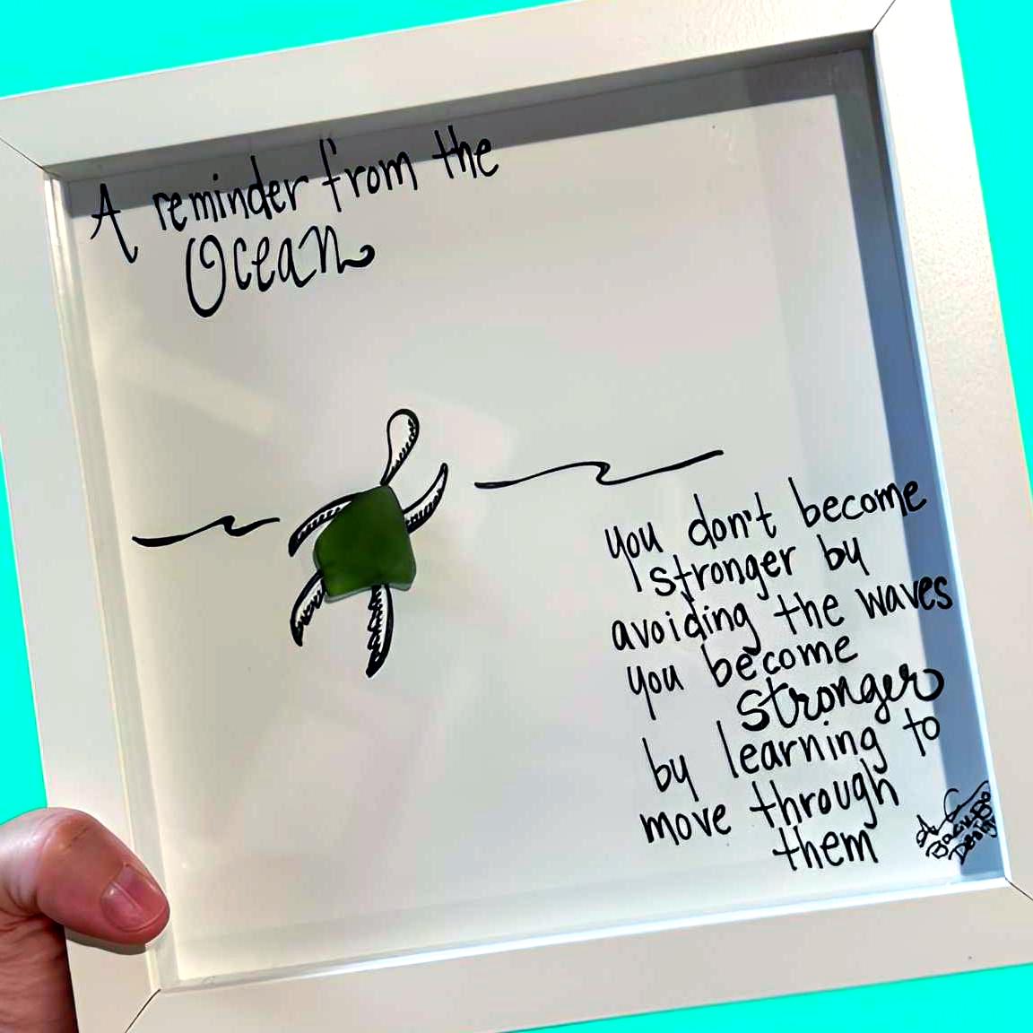 Determined Turtle Doesn't Avoid the Waves - Sea Glass Art, Uplifting Reminder, 8x8 framed