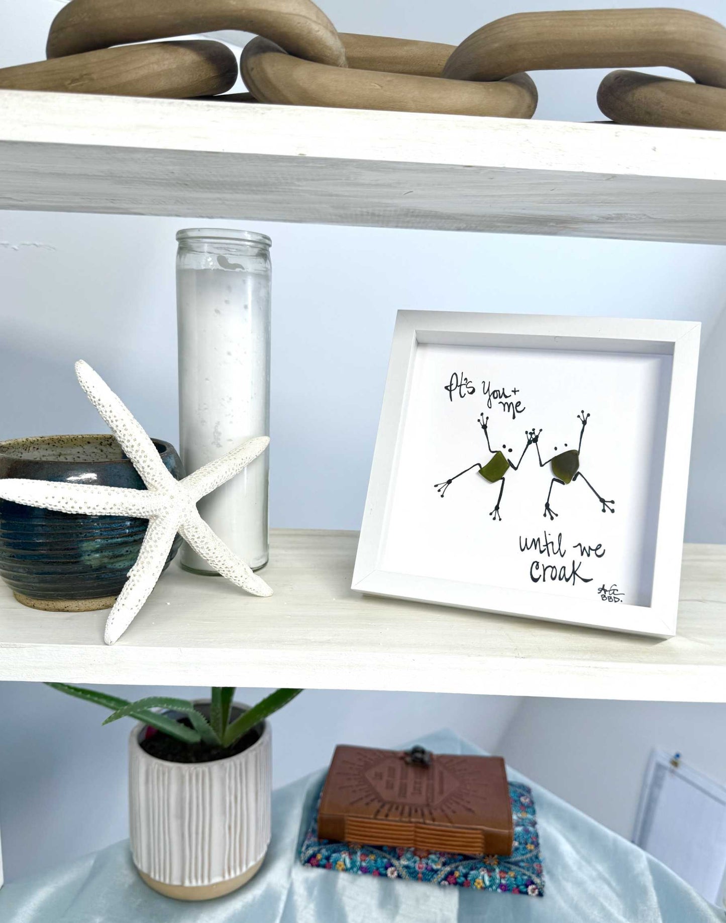 until we croak frog couple MINI sea glass art 6in on a shelf