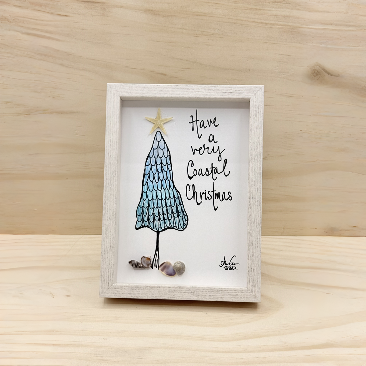 Have A Very Coastal Christmas - SLIM Sea Glass Art,  5x7 Whitewash Frame