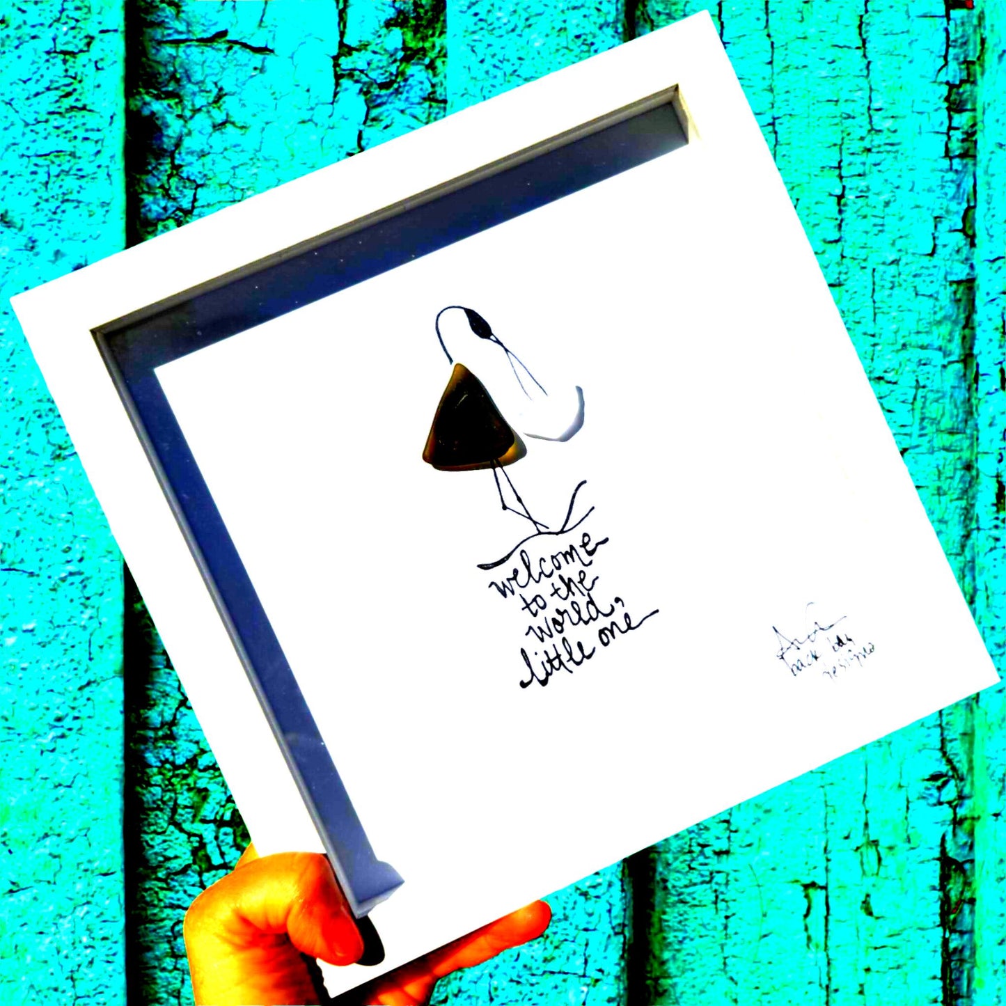 Welcome To the World Little One - Stork Sea Glass Art, Baby Shower Gift, Nursery Decor, 8x8 framed