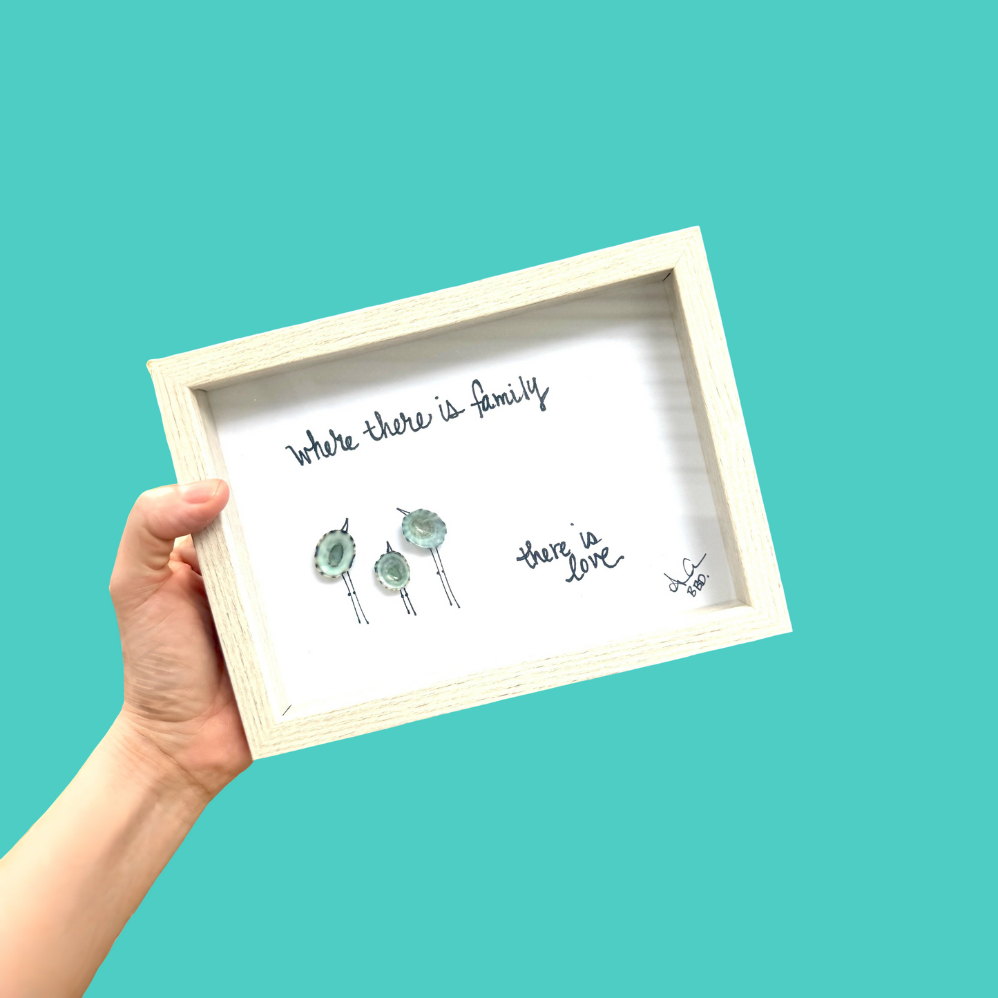 Where There is Family, There is Love, Limpet Shells - SLIM Sea Glass Art,  5x7 Whitewash Frame