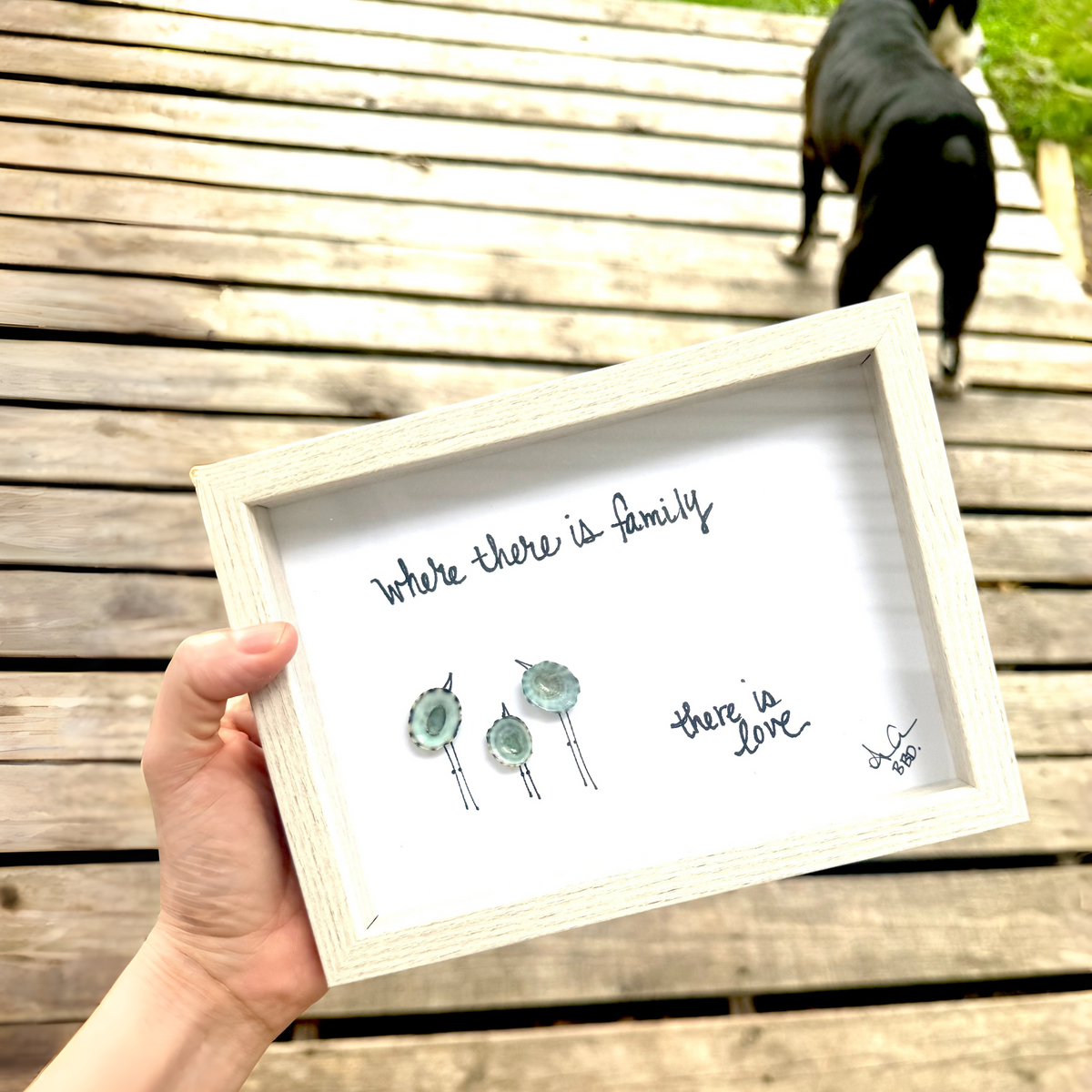Where There is Family, There is Love, Limpet Shells - SLIM Sea Glass Art,  5x7 Whitewash Frame