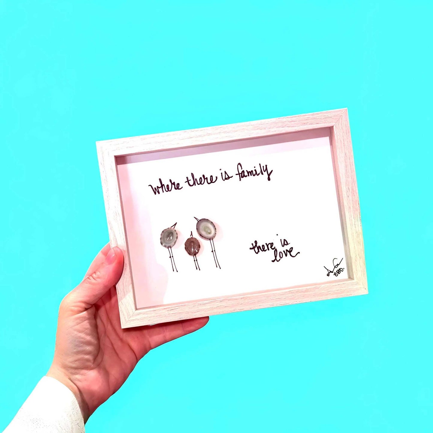 Where There is Family, There is Love, Limpet Shells - SLIM Sea Glass Art,  5x7 Whitewash Frame