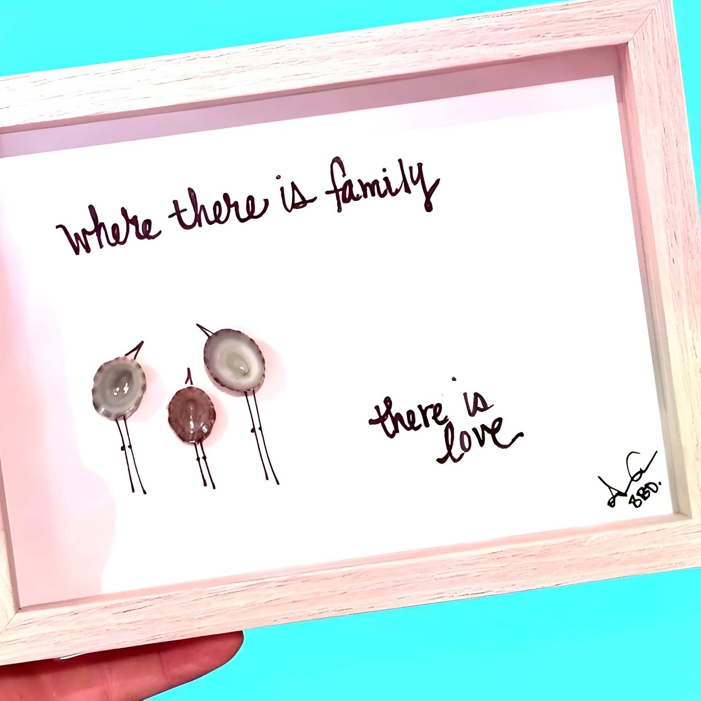 Where There is Family, There is Love, Limpet Shells - SLIM Sea Glass Art,  5x7 Whitewash Frame