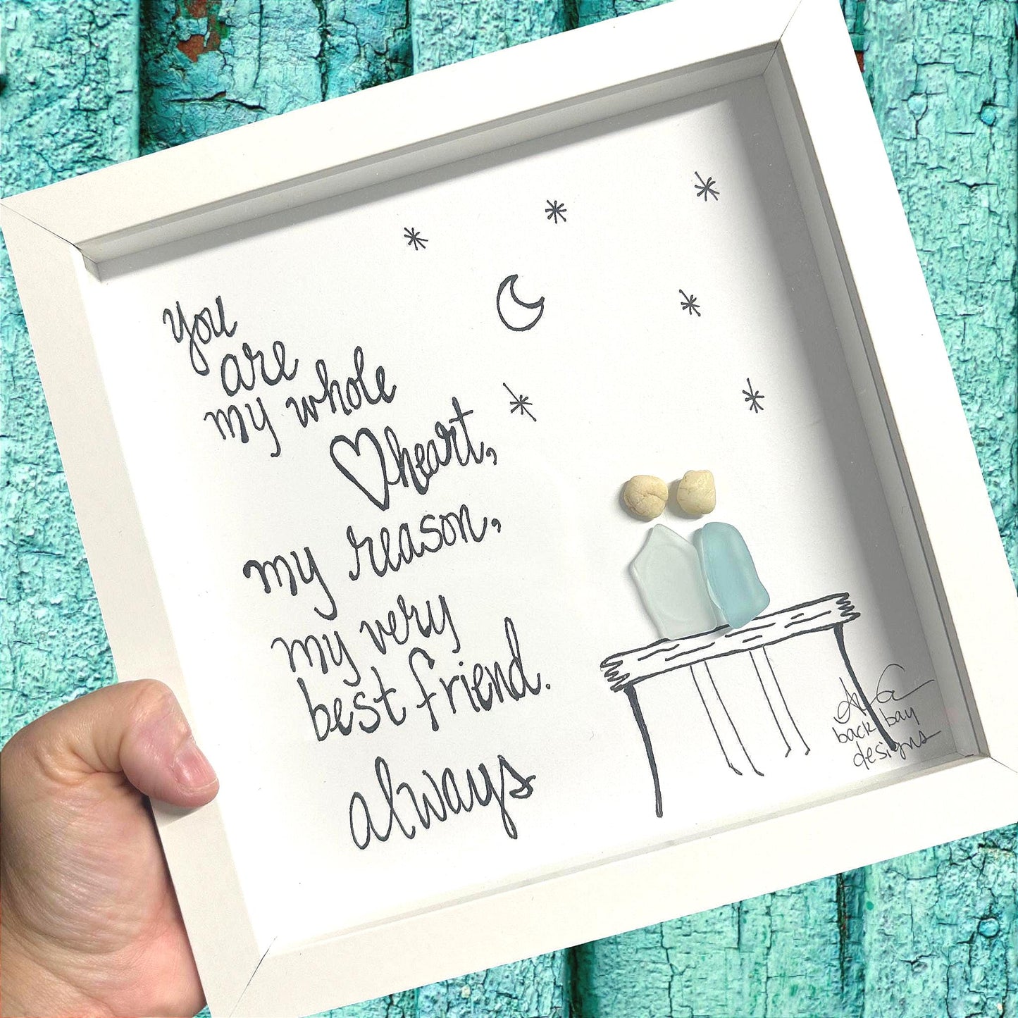 Whole Heart - Romantic Sea Glass Art, Wedding Gift, Anniversary Present, Celestial Decor, 8x8 framed
