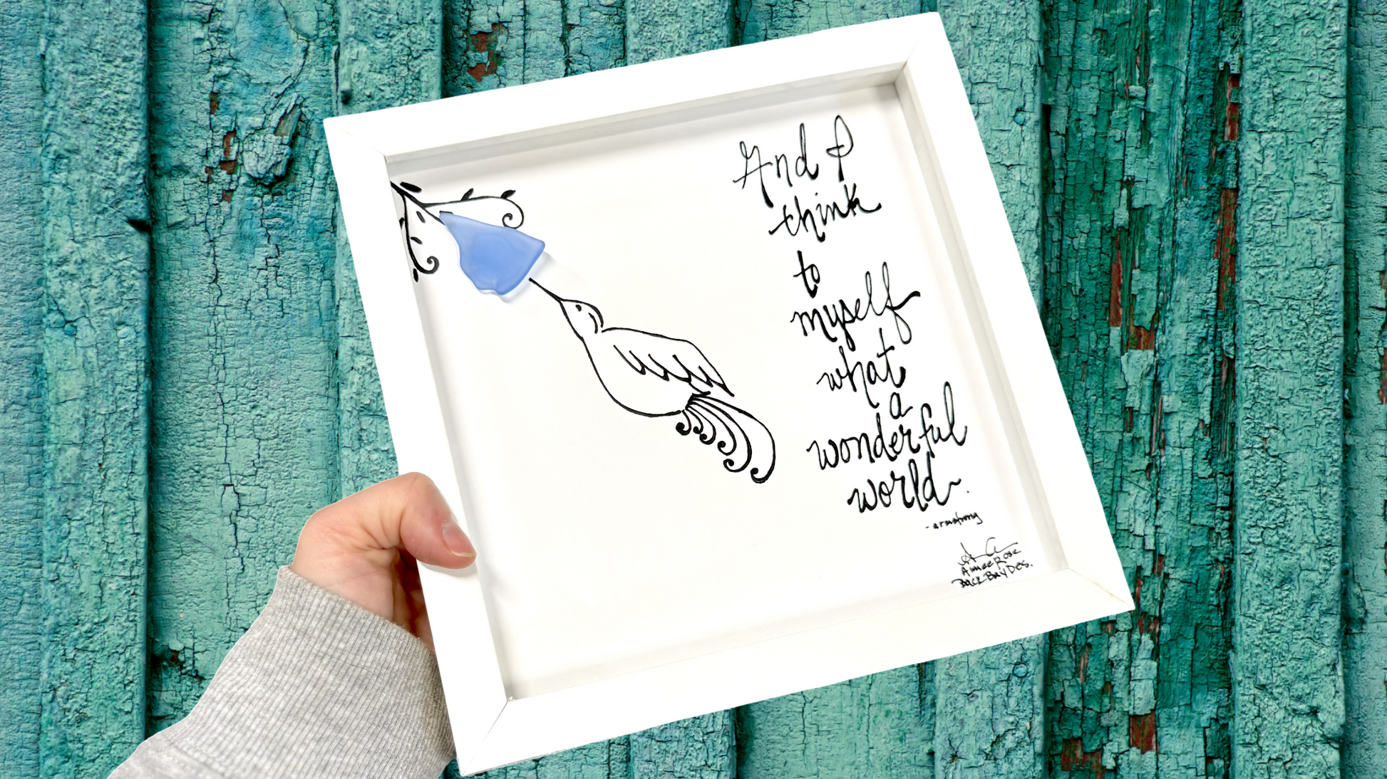 wonderful world hummingbird 8inch sea glass art wide 