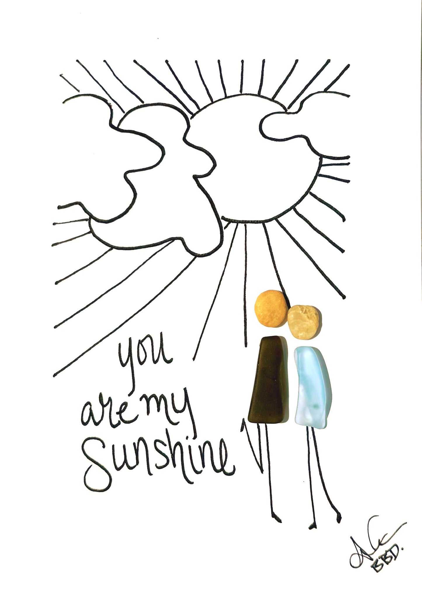 You Are My Sunshine - SLIM Sea Glass Art,  5x7 Whitewash Frame