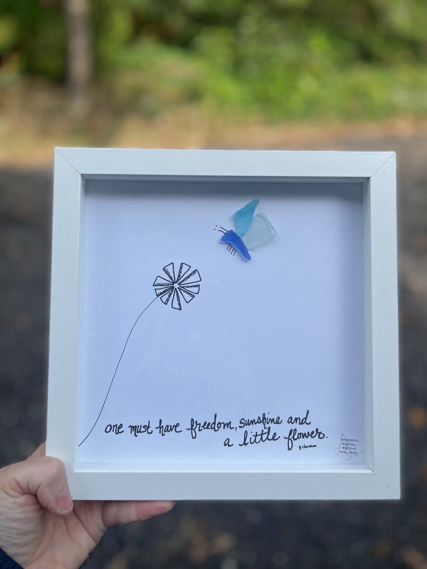 Freedom, Sunshine, and A Little Flower - Sea Glass Art, Gardener Gift, 8x8 framed