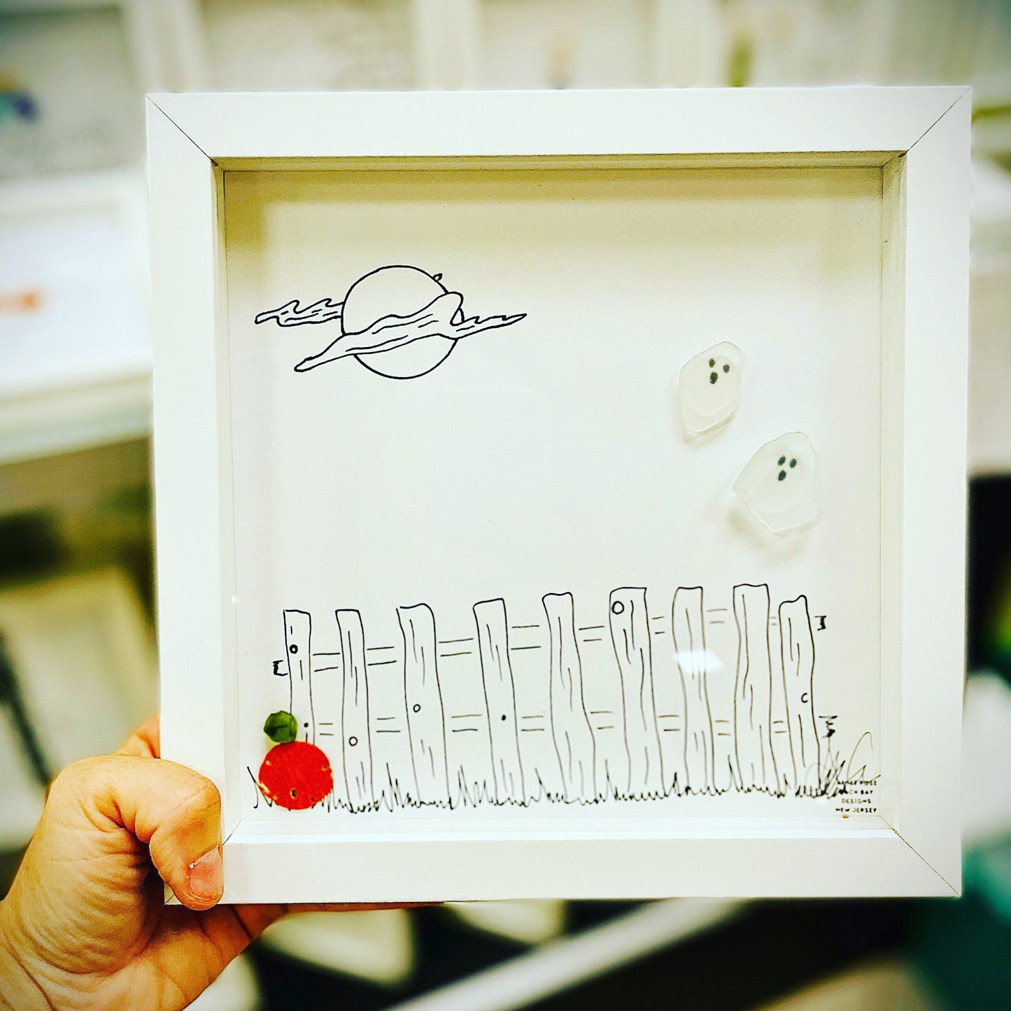 Spookie Spooky pumpkin ghosts moon fence sea glass art 